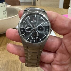 Skagen Silver Chronograph Watch with Black Face